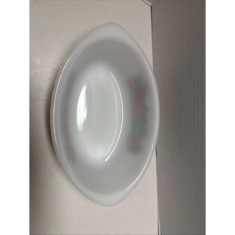 Vintage Glasbake Milk Glass Oval Vegetables Theme 1 qt Casserole Dish W/ Lid